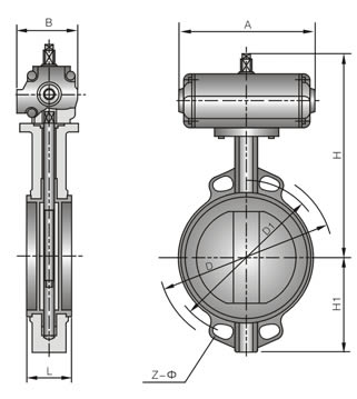 D671X/F/J/H/S-10/16C(Q/P)對夾式氣動(襯膠)脫硫蝶閥 外形尺寸圖