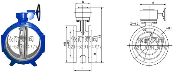 D342X軟密封蝸輪法蘭蝶閥 外形尺寸圖