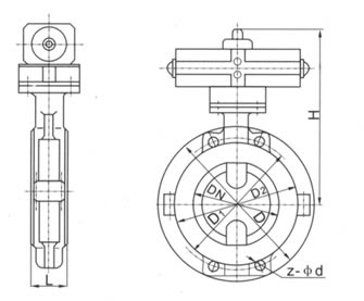 DA671型對(duì)夾連接氣動(dòng)中線蝶閥 外形尺寸圖