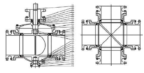 Q941F四通四密封電動球閥 結(jié)構(gòu)圖1