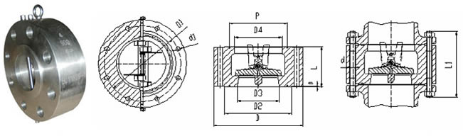凸耳對(duì)夾雙瓣旋啟式止回閥 外形尺寸圖
